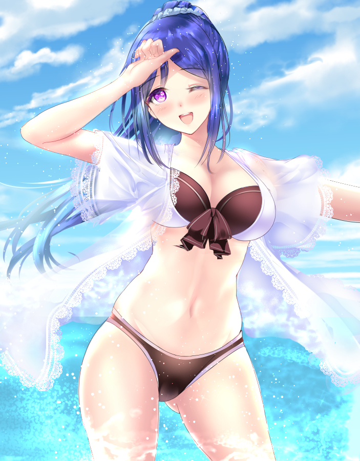 1girl arm_up bikini blue_hair blue_sky blush breasts cleavage clouds gorua_(youce01) large_breasts long_hair looking_at_viewer love_live! love_live!_sunshine!! matsuura_kanan navel ocean one_eye_closed open_mouth outdoors ponytail sky smile solo swimsuit violet_eyes water