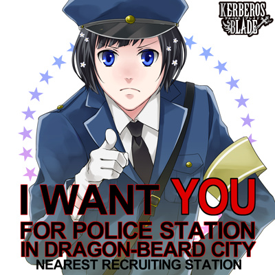 1boy artist_request black_hair blue_eyes english gloves hat i_want_you kerberos_blade lowres parody pointing pointing_at_viewer police police_hat police_uniform short_hair solo uniform