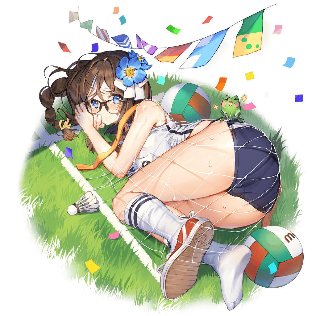 1girl accident ass black-framed_eyewear blue_eyes braid brown_hair buruma confetti croquette entangled flag flags_of_all_nations flower grass hair_flower hair_ornament long_hair looking_at_viewer lying official_art on_ground on_side shoes shuttlecock single_shoe sneakers solo string_of_flags sweat track_uniform transparent_background uchi_no_hime-sama_ga_ichiban_kawaii volleyball_net whoisshe