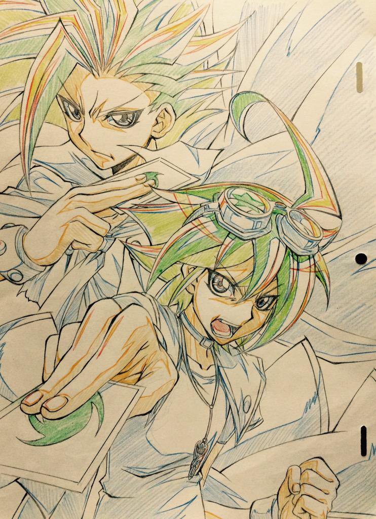 2boys card hiroki_(vvkagerouvvr2) multiple_boys sakaki_yuuya traditional_media yuu-gi-ou yuu-gi-ou_arc-v yuuto_(yuu-gi-ou_arc-v)