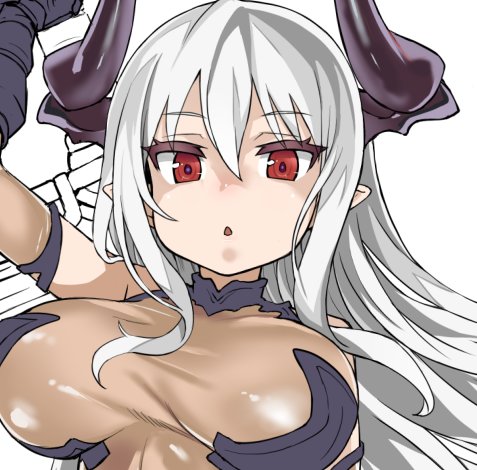 1girl :o asanagi bangs borrowed_character breasts colo_mag-chan colossus_(granblue_fantasy) commentary_request doraf eyebrows eyebrows_visible_through_hair granblue_fantasy hair_between_eyes horns large_breasts leotard long_hair looking_at_viewer lowres open_mouth original pointy_ears red_eyes simple_background solo upper_body white_background white_hair work_in_progress