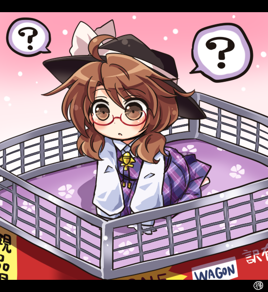 1girl basket bow brown_eyes brown_hair chibi glasses hat hat_bow low_twintails open_mouth plaid pote_(ptkan) ribbon school_uniform shirt short_hair skirt solo touhou twintails usami_sumireko