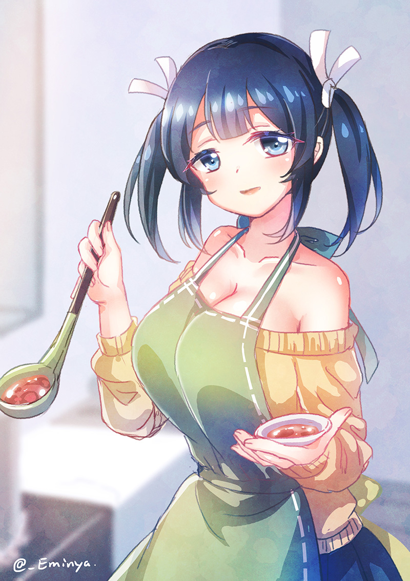 1girl alternate_costume apron blue_eyes blue_hair blue_skirt breasts cleavage cooking emia_wang food hair_ribbon holding holding_spoon kantai_collection kitchen ladle large_breasts open_mouth pot ribbon skirt soup souryuu_(kantai_collection) spoon sweater table twintails twitter_username