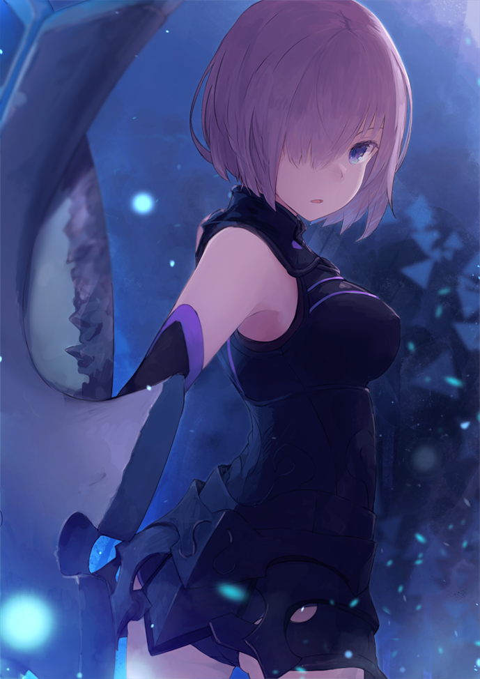 1girl armor black_leotard blue_eyes blurry breasts cowboy_shot depth_of_field fate/grand_order fate_(series) faulds hair_over_one_eye light_particles looking_at_viewer medium_breasts night one_eye_covered purple_hair roll_okashi shield shielder_(fate/grand_order) short_hair silver_hair sleeveless solo violet_eyes