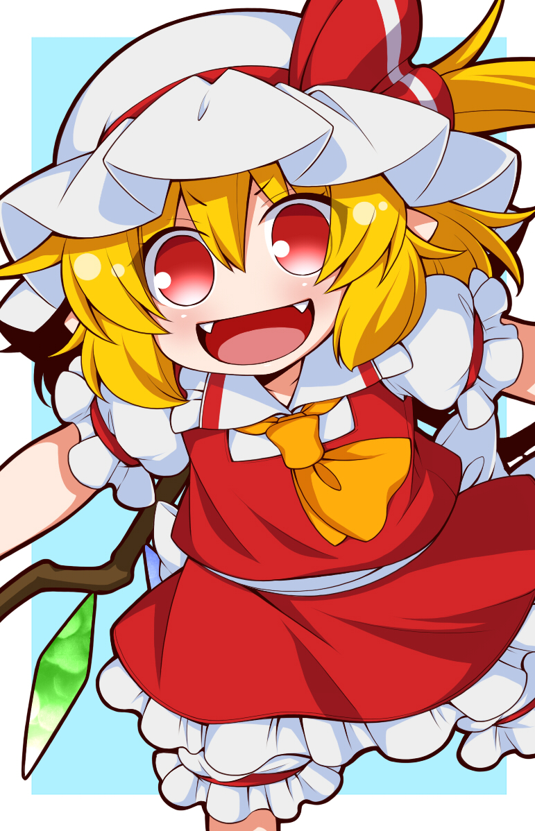 &gt;:d 1girl :d arm_garter ascot blonde_hair bloomers blue_background bow chibi cowboy_shot crystal eichi_yuu fangs flandre_scarlet frilled_skirt frills hair_between_eyes hat hat_bow hat_ribbon looking_at_viewer mob_cap no_nose open_mouth puffy_short_sleeves puffy_sleeves red_eyes red_ribbon red_skirt red_vest ribbon short_sleeves side_ponytail skirt smile solo touhou underwear white_hat wings