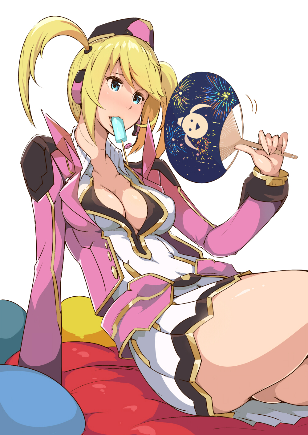 1girl arm_support ass blonde_hair blue_eyes breasts cleavage fanning_face hair_ornament hat highres large_breasts phantasy_star phantasy_star_online_2 popsicle short_hair sierra_(pso2) simple_background sitting skirt solo thighs tokiwa_mmm twintails white_background