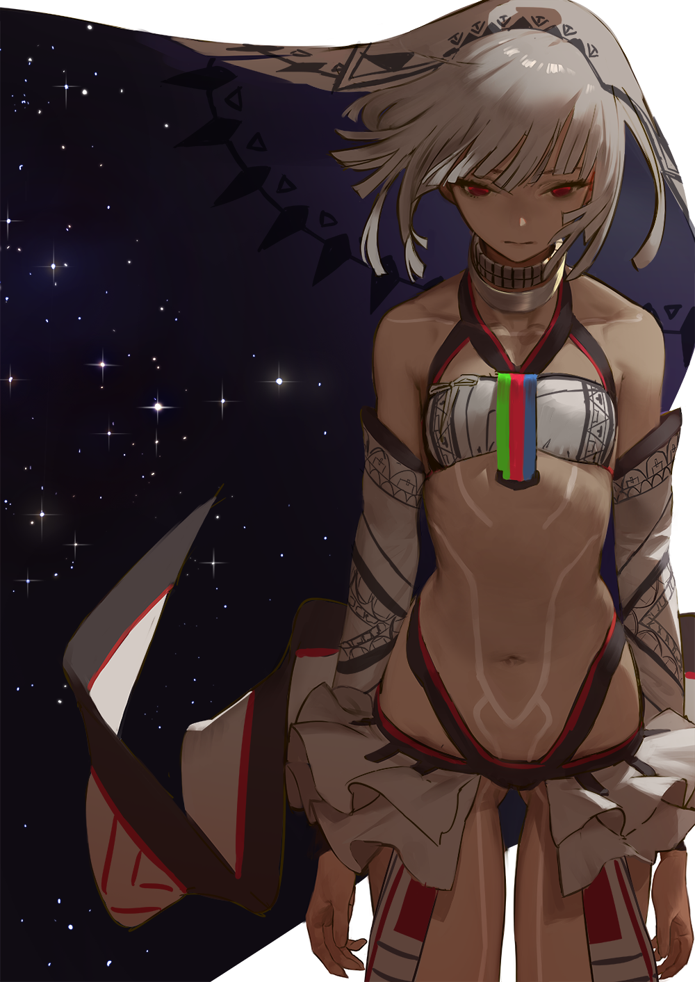1girl attila_(fate/grand_order) bare_shoulders breasts dark_skin detached_sleeves fate/grand_order fate_(series) full_body_tattoo highres midriff nanbo_ataru_(attall) navel red_eyes short_hair simple_background small_breasts solo tattoo veil white_background white_hair