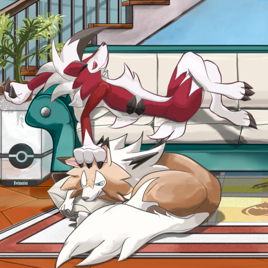 alternate_form animal_ears artist_name claws couch crossed_legs curling evelmanian lycanroc lying no_humans petting pillow plant pokeball_symbol pokemon pokemon_(game) pokemon_sm potted_plant rug tail wolf_ears wolf_tail