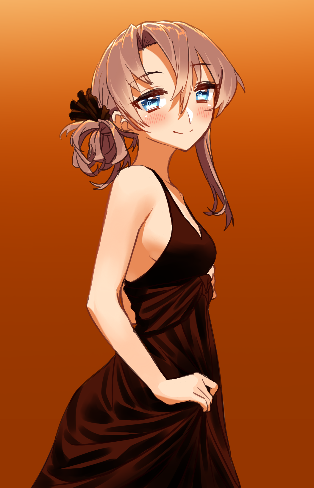 1girl alternate_costume asymmetrical_hair bangs bare_arms bare_shoulders black_dress blew_andwhite blue_eyes blush breasts brown_background dress eyebrows eyebrows_visible_through_hair flipped_hair from_side gradient gradient_background hair_between_eyes hair_ornament highres kantai_collection long_hair looking_at_viewer looking_to_the_side nowaki_(kantai_collection) sideboob silver_hair simple_background sleeveless sleeveless_dress smile solo swept_bangs