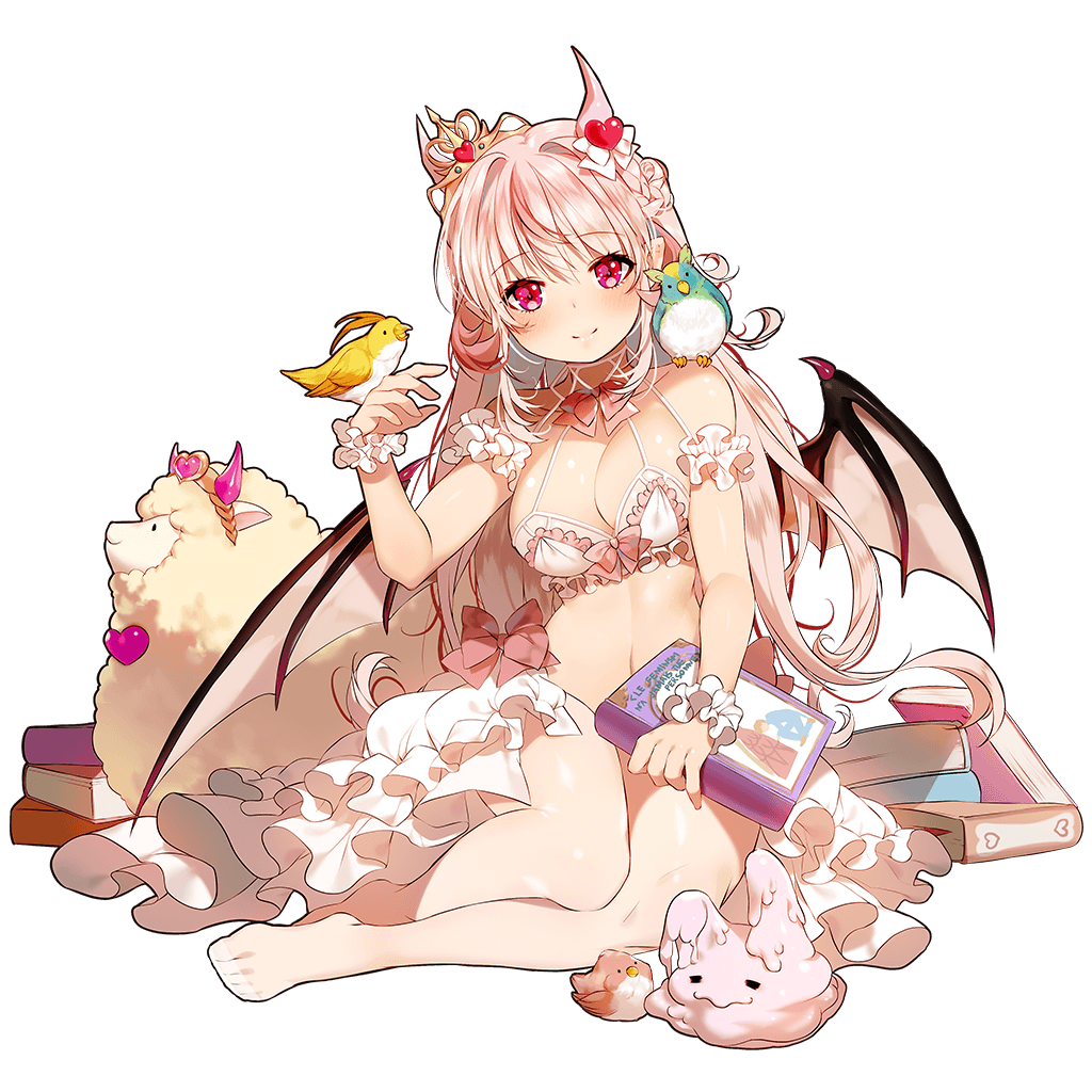 1girl animal animal_on_shoulder bird bird_on_hand bird_on_shoulder book breasts demon_wings full_body horns large_breasts long_hair looking_at_viewer no_shoes official_art scrunchie sheep showgirl_skirt slime smile solo sukja transparent_background uchi_no_hime-sama_ga_ichiban_kawaii wings wrist_scrunchie