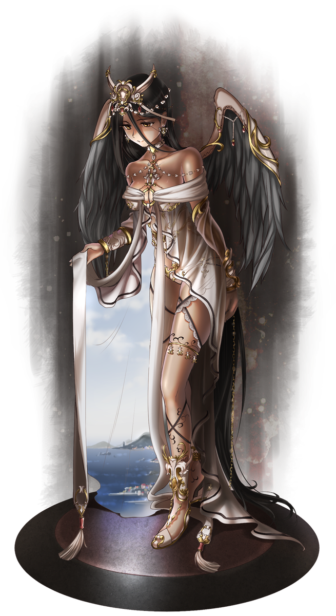 1girl 42_navy absurdly_long_hair bare_shoulders black_hair black_wings bracer brown_eyes dark_skin earrings egyptian_mythology goddess hair_ornament headpiece highres jewelry legband long_hair o-ring original personification see-through smile solo standing tassel very_long_hair water window wings