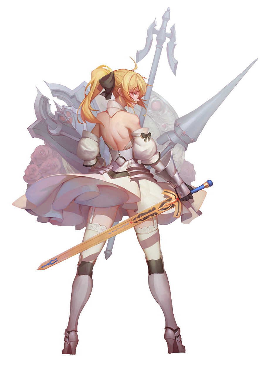 1girl ahoge armor armored_boots armored_dress back bangs bare_back bare_shoulders black_bow blonde_hair boots bow caliburn closed_mouth detached_sleeves dress eyelashes fate/stay_night fate/unlimited_codes fate_(series) faulds flower from_behind full_body garter_straps gauntlets green_eyes hair_bow high_heel_boots high_heels highres holding holding_sword holding_weapon legs_apart long_hair looking_at_viewer polearm profile projected_inset puffy_sleeves red_flower red_rose rose saber saber_lily shade shield short_dress solo spear standing sword thigh-highs weapon white_background white_dress white_legwear youxuemingdie