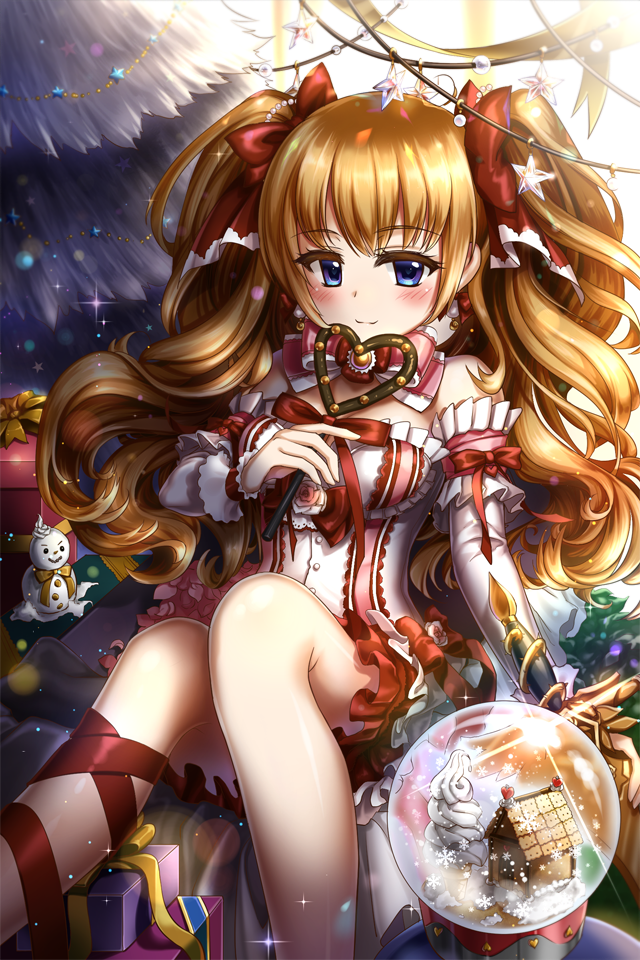 1girl 42_navy blue_eyes detached_sleeves gift gingerbread_house heart ice_cream_cone leg_ribbon light_brown_hair long_hair ornament ribbon sitting snow_globe snowman solo star sword sword_girls twintails wand weapon