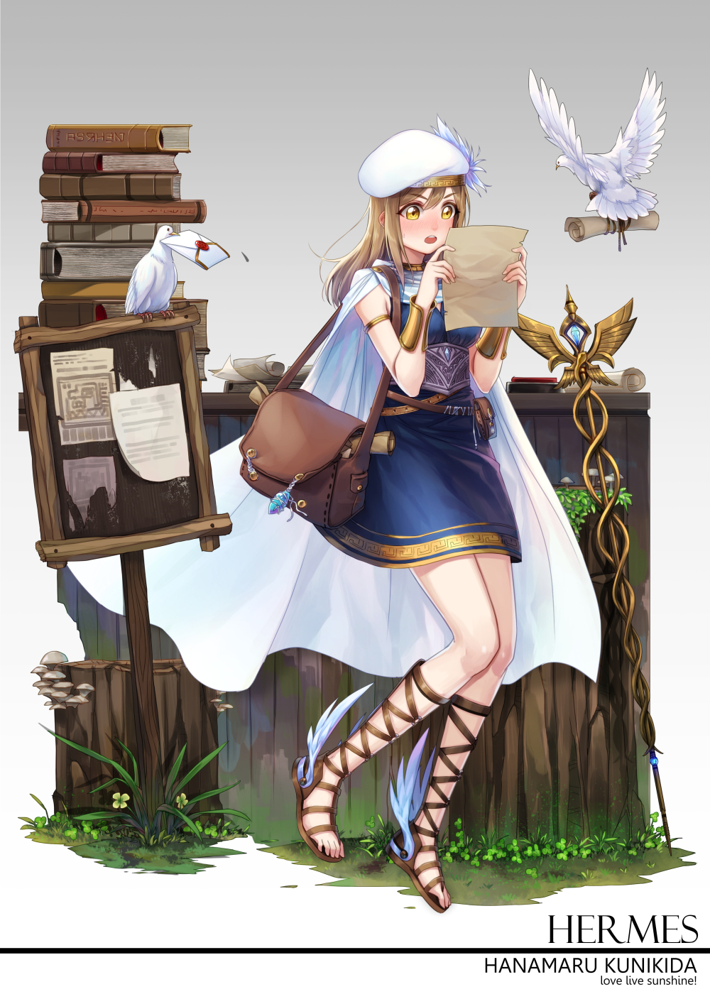 1girl :o arm_guards armlet bag belt belt_pouch beret bird blue_dress blush board book_stack breasts brown_hair character_name clover copyright_name crystal curry_bowl dove dress envelope flower full_body fur_trim gradient gradient_background grass greek_mythology grey_background hat hermes_(mythology) highres kunikida_hanamaru letter long_hair love_live! love_live!_sunshine!! medium_breasts mushroom paper plant reading sandals scroll shoes short_dress shoulder_bag sleeveless staff standing string surprised torn_paper tree_stump white_cape white_hat winged_shoes wings yellow_eyes