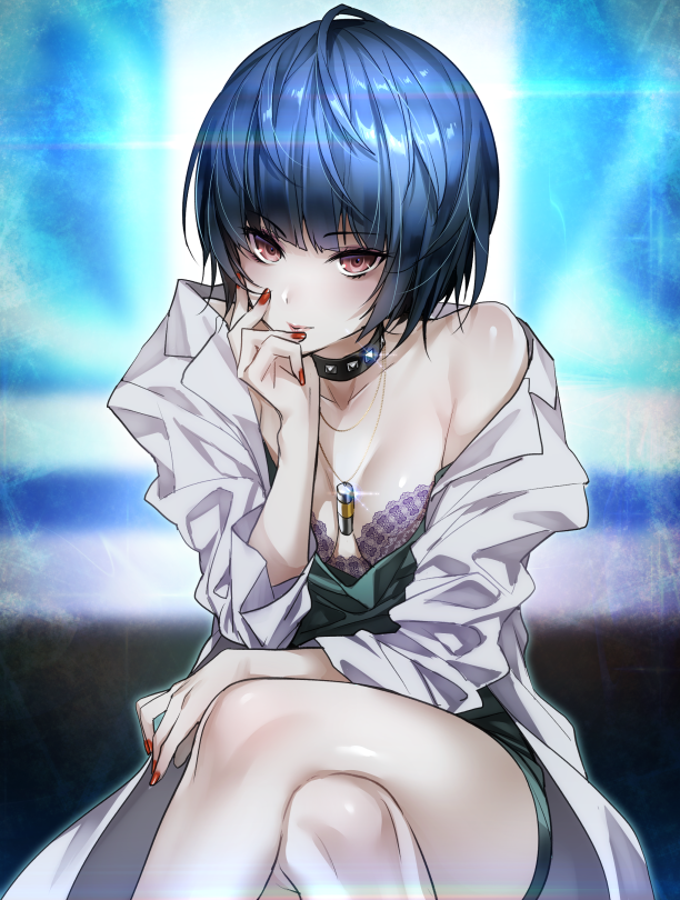 1girl akira_(natsumemo) blue_hair bra breasts brown_eyes chin_rest choker closed_mouth collarbone crossed_legs jewelry labcoat looking_at_viewer nail_polish necklace off_shoulder pale_skin persona persona_5 purple_bra red_nails seiza short_hair sitting small_breasts smile solo takemi_tae underwear upper_body white_coat