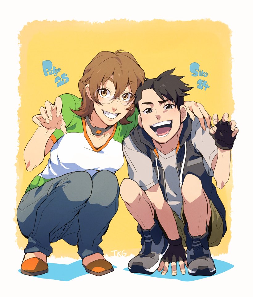 1boy 1girl age_switch arm_around_shoulder artist_name black_hair brown_hair character_name claw_pose fingerless_gloves glasses gloves grey_eyes grin hyakujuu-ou_golion older pidge_gundarsson shoes sleeveless sleeveless_hoodie smile sneakers squatting t_k_g takashi_shirogane voltron:_legendary_defender younger