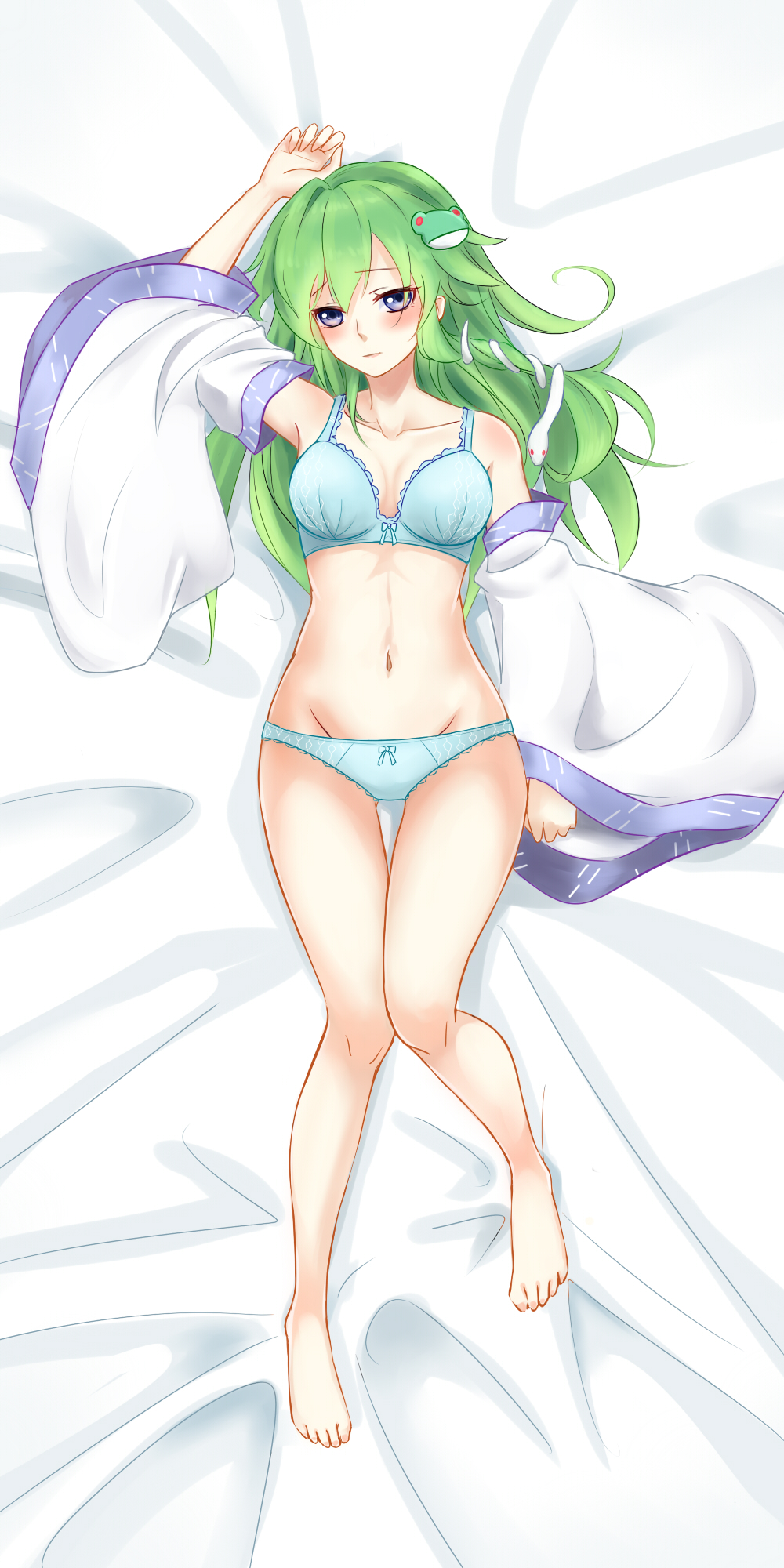 1girl arm_up bangs bare_shoulders barefoot bed_sheet blue_eyes blush bow bow_bra bow_panties bra breasts closed_mouth collarbone dakimakura detached_sleeves eyebrows eyebrows_visible_through_hair frog_hair_ornament green_hair groin hair_ornament hair_tubes highres kochiya_sanae lace lace-trimmed_bra lace-trimmed_panties legs_together long_hair looking_at_viewer lying medium_breasts midriff navel on_back on_bed panties snake_hair_ornament solo stomach thigh_gap toenails touhou underwear wide_sleeves xianjian_lingluan