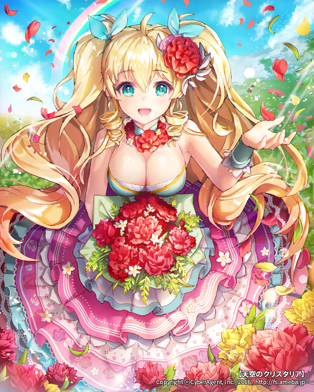 1girl :d aqua_eyes bangs blonde_hair bouquet bow breasts carnation cleavage clouds collar company_name copyright_name dress drill_hair flower flower_necklace gio_(maroon0924) hair_bow hair_flower hair_ornament hand_up holding_bouquet jewelry large_breasts layered_dress light_rays long_hair looking_at_viewer multicolored_dress necklace open_mouth outdoors petals rainbow ringlets sky smile solo strapless strapless_dress sunbeam sunlight tenkuu_no_crystalia twin_drills twintails very_long_hair watermark web_address wristband