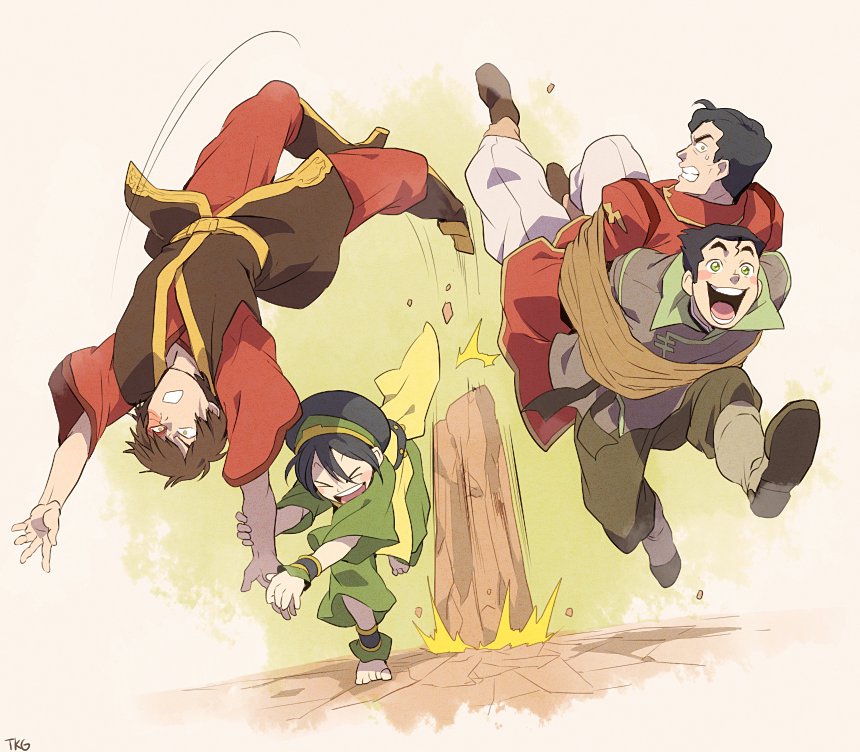 &gt;_&lt; 1girl 3boys ankle_wraps artist_name avatar:_the_last_airbender avatar_(series) barefoot black_hair blush_stickers bolin bound brown_hair closed_eyes eyebrows grandfather_and_grandson iroh_ii_(avatar) military military_uniform multiple_boys rock rope running scar t_k_g the_legend_of_korra thick_eyebrows tied_up time_paradox toph_bei_fong uniform yellow_eyes zuko