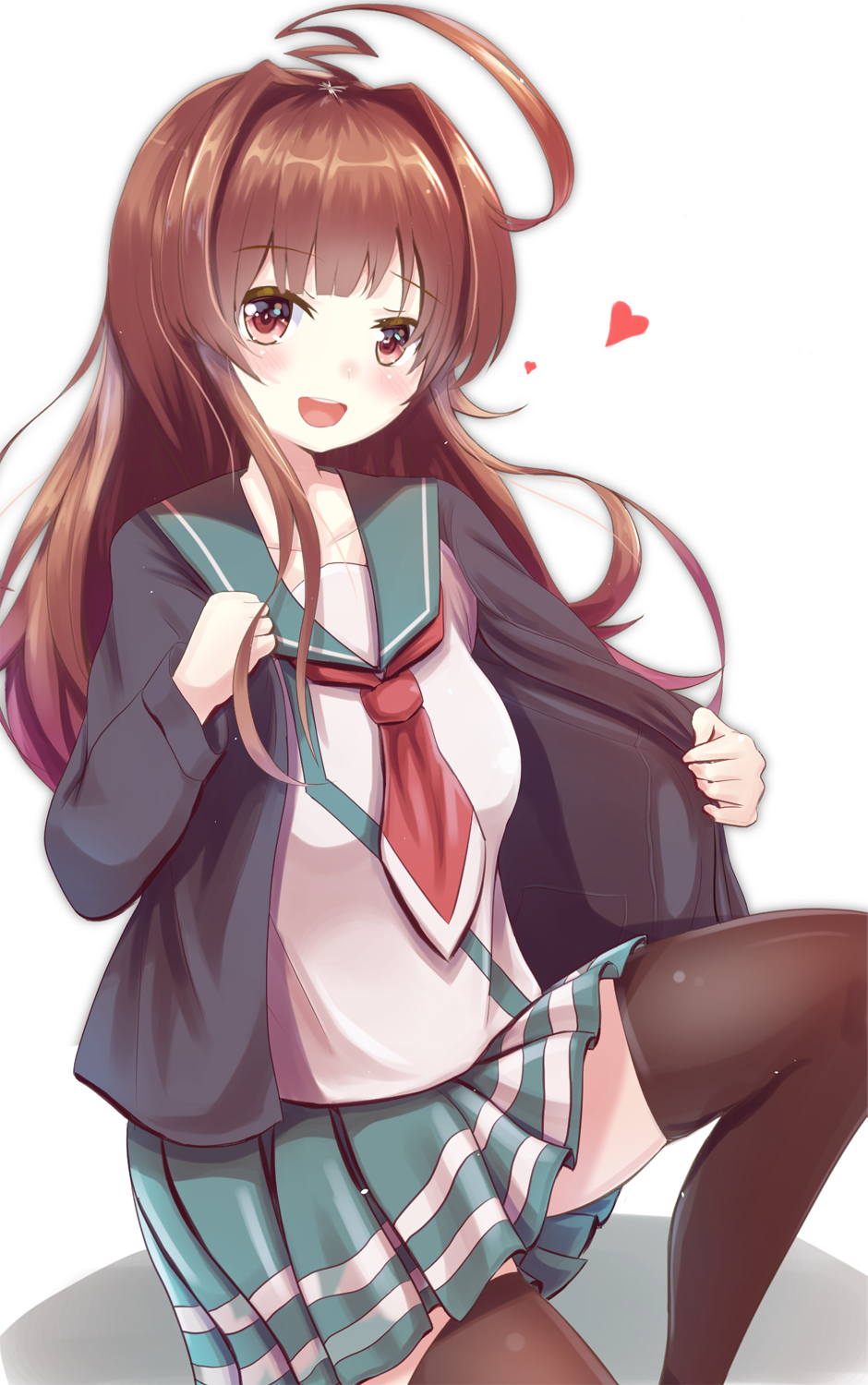 1girl :d ahoge blush breasts brown_eyes brown_hair brown_legwear cardigan collarbone commentary_request green_skirt hamalu heart highres kantai_collection kuma_(kantai_collection) long_hair looking_at_viewer necktie open_mouth school_uniform serafuku shadow simple_background skirt smile solo thigh-highs white_background