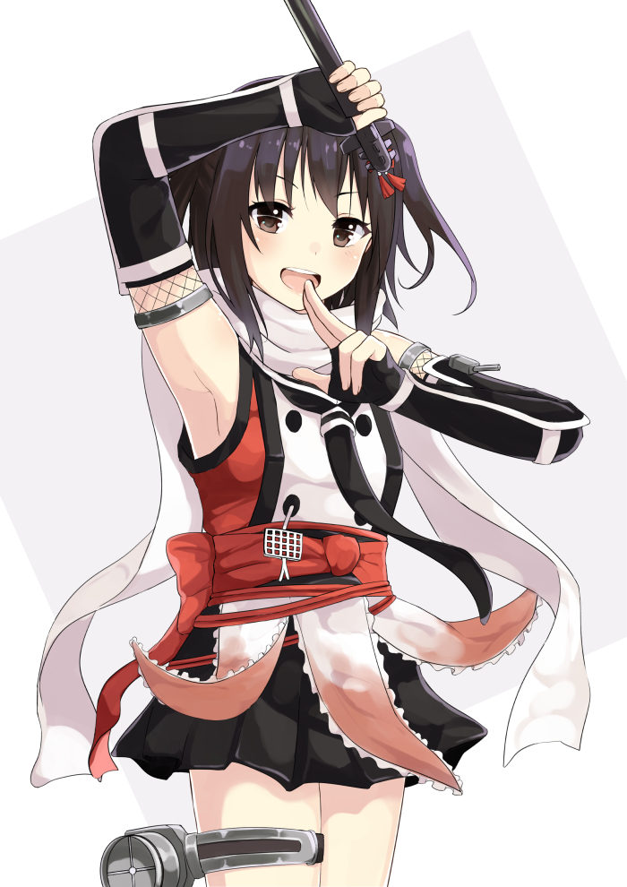 1girl armpits black_gloves black_skirt brown_eyes brown_hair elbow_gloves fingerless_gloves gloves hair_ornament hand_gesture hand_up kantai_collection looking_at_viewer mugipot neckerchief remodel_(kantai_collection) scarf school_uniform sendai_(kantai_collection) serafuku simple_background skirt solo spotlight torpedo turret two_side_up white_background white_scarf