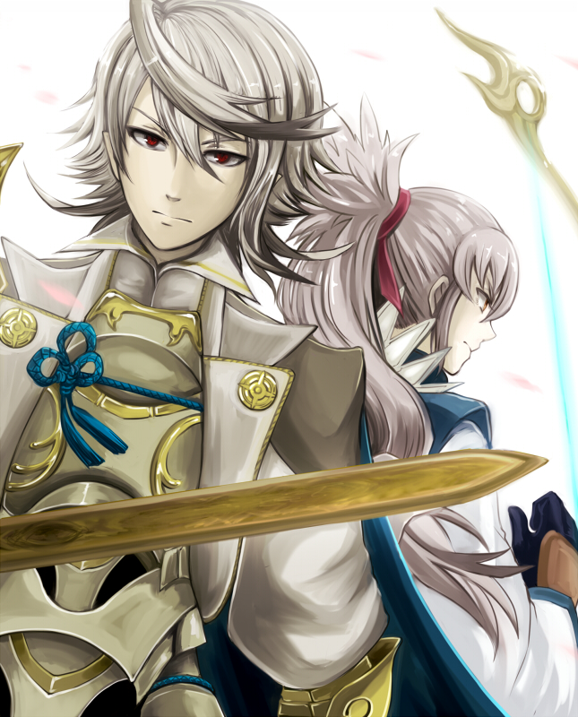 2boys armor back-to-back bow_(weapon) dutch_angle fire_emblem fire_emblem_if hypertrampo long_hair male_focus male_my_unit_(fire_emblem_if) multiple_boys my_unit_(fire_emblem_if) ponytail red_eyes silver_hair simple_background sword takumi_(fire_emblem_if) weapon white_background