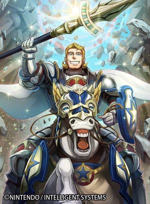 1boy armor blonde_hair blue_eyes cape company_name fire_emblem fire_emblem_cipher fire_emblem_if gloves harold_(fire_emblem_if) horse official_art open_mouth polearm rock solo sparkle spear teeth weapon