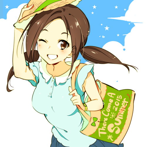 1girl 2015 bag blue_shirt blush breasts brown_hair engrish grin hand_on_headwear handbag hat long_hair low_twintails lowres medium_breasts one_eye_closed original ranguage shirt short_sleeves smile solo star straw_hat twintails zpolice