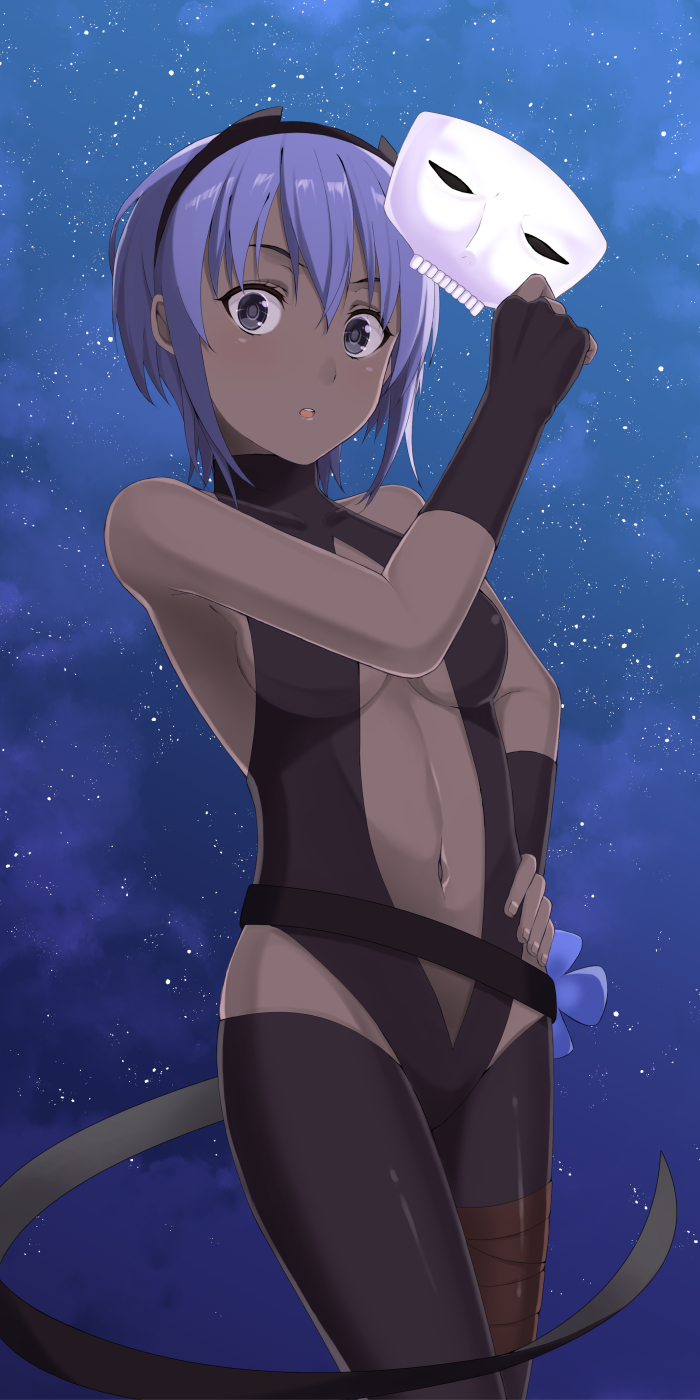 1girl :o assassin_(fate/prototype_fragments) bangs bare_shoulders black_gloves black_legwear breasts cleavage dark_skin fate/grand_order fate_(series) gloves hairband hand_on_hip highres holding_mask looking_at_viewer mask mask_removed mugipot navel night night_sky open_mouth pantyhose purple_hair short_hair skull_mask sky solo star_(sky) starry_sky violet_eyes