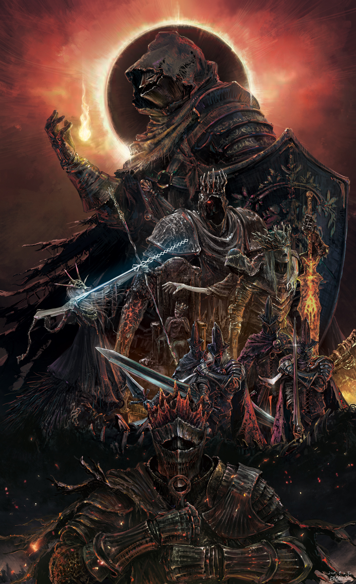 abyss_watcher aldrich_devourer_of_gods armor arrow ashen_one_(dark_souls_3) ashes bow_(weapon) brothers cape capelet claymore_(sword) crown dagger dark_souls_iii dark_sun_gwyndolin dragonizm eclipse embers fire full_armor gauntlets giant glaive helmet highres holding holding_sword holding_weapon long_hair lorian_(elder_prince) lothric_(younger_prince) ludleth_of_courland mask monster polearm robe shield siblings silver_hair soul_of_cinder souls_(from_software) sword throne weapon white_hair yhorm_the_giant