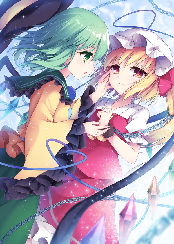 2girls black_hat blonde_hair blouse chain chained colored_eyelashes crying dutch_angle flandre_scarlet frilled_sleeves frills from_side green_eyes green_hair green_skirt hair_between_eyes hands_on_another's_face hat komeiji_koishi long_hair looking_at_another mob_cap multiple_girls open_mouth red_eyes red_skirt red_vest shikitani_asuka shirt short_hair side_ponytail skirt skirt_set tears touhou white_blouse white_shirt wide_sleeves