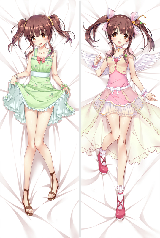 1girl :d bakugadou bangs bed_sheet blush bow breasts brown_eyes brown_hair choker collarbone dakimakura dress eyebrows eyebrows_visible_through_hair frilled_dress frills full_body green_dress hair_bow heart idolmaster idolmaster_cinderella_girls knees_together_feet_apart looking_at_viewer lying multiple_views no_socks ogata_chieri on_back open_mouth pink_bow scrunchie shoes short_sleeves sidelocks skirt_hold small_breasts smile socks twintails white_bow white_legwear white_wings winged_heart wings wrist_scrunchie