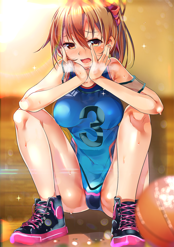 1girl bangs bare_shoulders basketball basketball_uniform blurry blurry_background blush bow breasts breathing brown_eyes brown_hair collarbone competition_school_swimsuit cross-laced_footwear dripping hair_between_eyes hair_bow hands_on_own_cheeks hands_on_own_face kneeling looking_at_viewer medium_breasts nose_blush one-piece_swimsuit open_mouth original ponytail red_bow ryouma_(galley) shirt shoes skin_tight sleeveless sleeveless_shirt sneakers solo sportswear sweat sweating swimsuit swimsuit_under_clothes taut_clothes taut_shirt