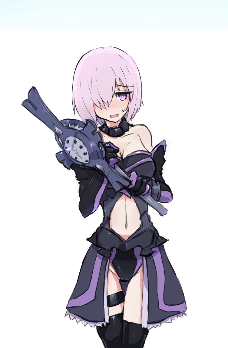 1girl adapted_costume armor bare_shoulders blush breasts depo_(typebaby505) detached_collar elbow_gloves embarrassed fate/grand_order fate_(series) gloves gradient gradient_background hair_over_one_eye holding large_breasts magical_girl midriff navel navel_cutout open_mouth purple_armor purple_gloves purple_hair purple_skirt shield shielder_(fate/grand_order) short_hair showgirl_skirt skirt solo sweatdrop thigh-highs thigh_strap violet_eyes white_background