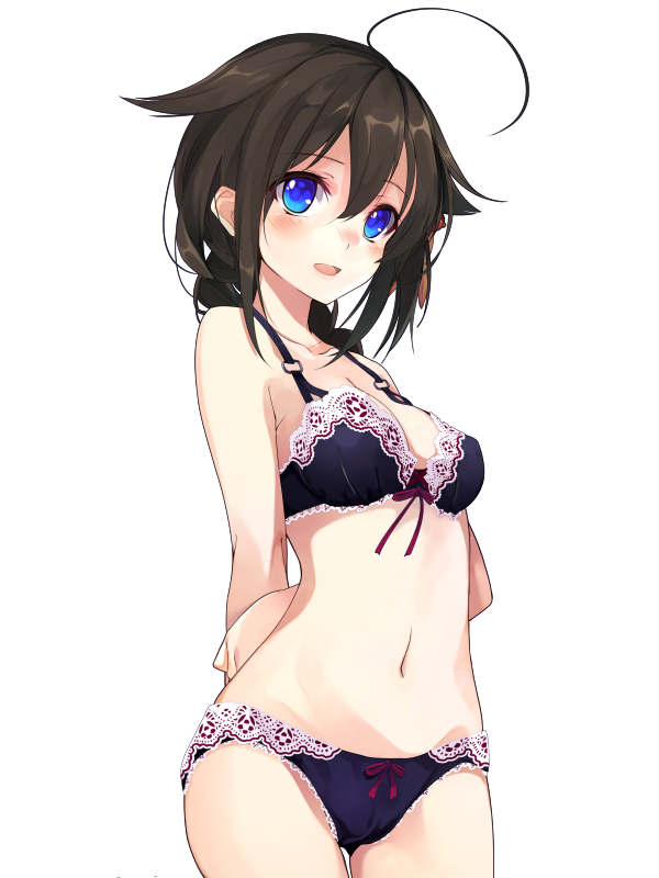 1girl ahoge arms_behind_back black_bra black_panties blue_eyes blush bow bow_bra bow_panties bra breasts brown_hair collarbone cowboy_shot hair_between_eyes hair_flaps kantai_collection lace lace-trimmed_bra lace-trimmed_panties long_hair looking_at_viewer medium_breasts navel open_mouth panties red_bow remodel_(kantai_collection) shigure_(kantai_collection) shirokitsune simple_background smile solo standing underwear underwear_only white_background
