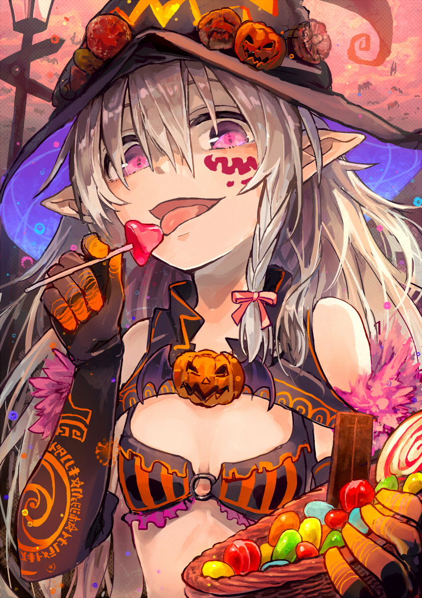 1girl adapted_costume bow braid candy chocolate cleavage_cutout facepaint flat_chest gloves hair_bow halloween hat hoshi_shouko idolmaster idolmaster_cinderella_girls lamppost licking lollipop long_hair madaragi pointy_ears pumpkin silver_hair single_braid solo sweets violet_eyes witch_hat