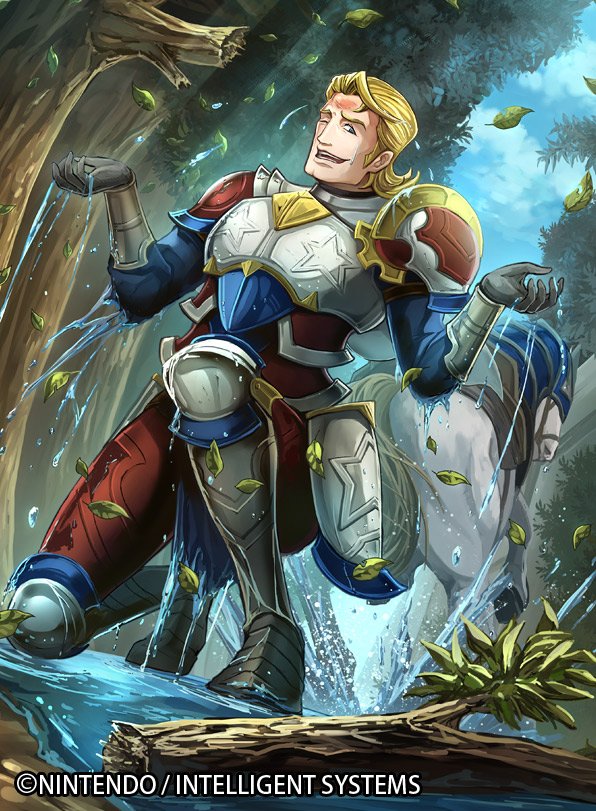 1boy armor armored armored_boots blonde_hair blue_eyes boots company_name fire_emblem fire_emblem_cipher fire_emblem_if gloves harold_(fire_emblem_if) horse injury leaf official_art open_mouth sky solo teeth tree water
