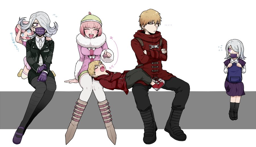... 2boys 4girls andou_ruruka backpack bag beanie blonde_hair blue_eyes boots child coat crossed_arms dangan_ronpa dangan_ronpa_3 dress feeding flipped_hair flying_sweatdrops fur_trim gloves hair_over_one_eye hat izayoi_sounosuke jacket kimura_seiko lap_pillow leather leather_jacket looking_at_another lying multiple_boys multiple_girls on_back pink_hair purple_gloves red_eyes shimada_(dmisx) shoes short_hair silver_hair simple_background sitting skirt sneakers surgical_mask time_paradox violet_eyes white_background