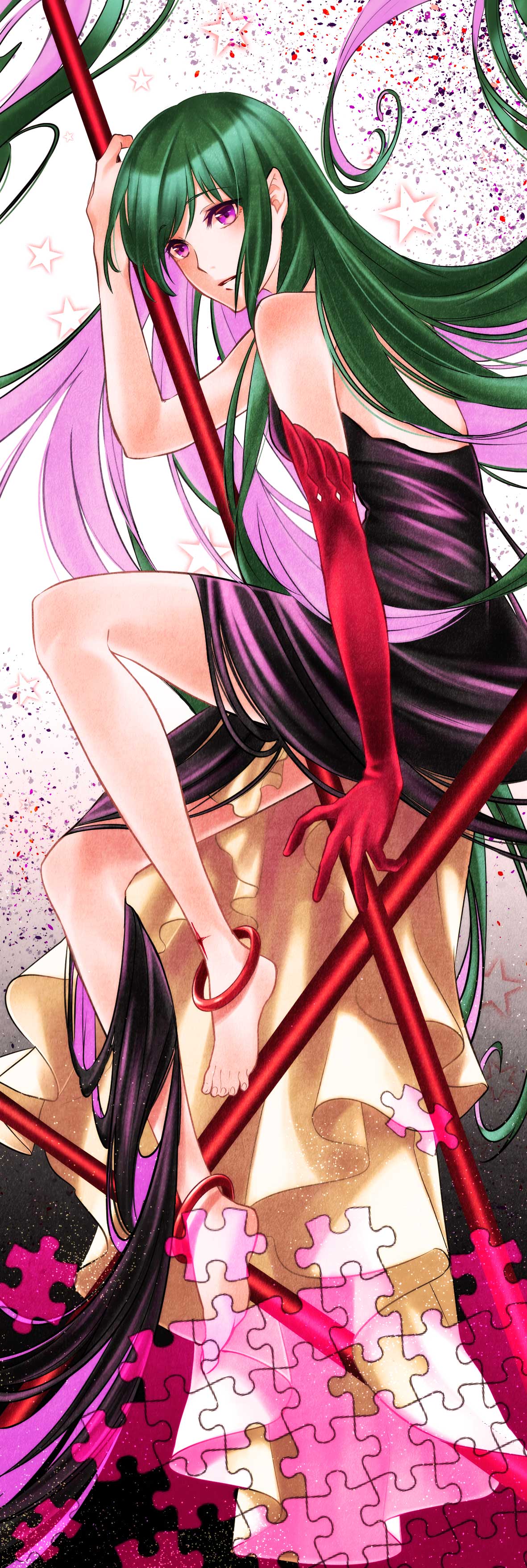 1girl absurdres anklet asymmetrical_gloves barefoot black_dress d.gray-man dress elbow_gloves gloves green_hair highres jewelry lenalee_lee long_hair multicolored_hair pink_eyes pink_hair puzzle_piece red_gloves solo star two-tone_hair wanwanlove