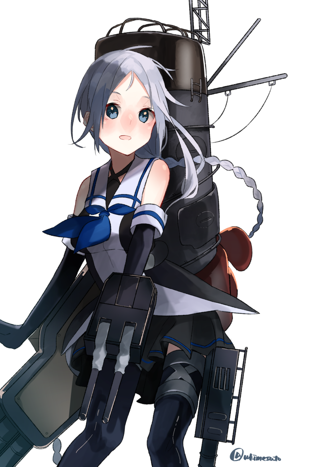 1girl :d bangs black_gloves black_legwear black_skirt blue_eyes braid cannon collared_shirt elbow_gloves gloves highres kantai_collection long_hair looking_at_viewer machinery mole mole_under_eye neckerchief open_mouth parted_bangs pleated_skirt shirt silver_hair single_braid skirt sleeveless sleeveless_shirt smile smokestack solo thigh-highs turret ukimesato umikaze_(kantai_collection)