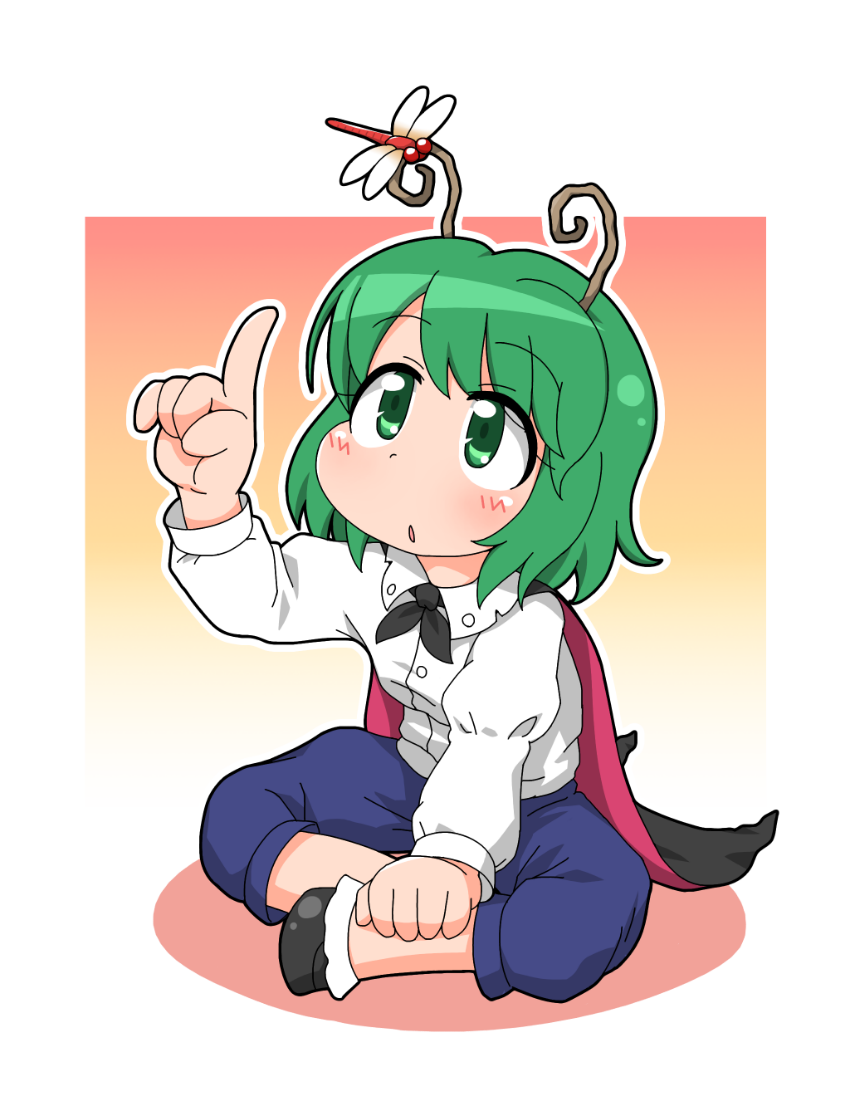1girl :o antennae blush bobby_socks breasts cape chibi collared_shirt dragonfly green_eyes green_hair index_finger_raised insect juliet_sleeves long_sleeves pointing puffy_sleeves shirt shoes short_hair shorts small_breasts socks solo touhou unachika wriggle_nightbug