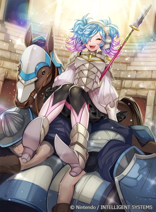 1girl armor armored_boots blue_hair boots bow closed_eyes company_name fire_emblem fire_emblem_cipher fire_emblem_if hair_over_one_eye helmet horse long_hair matsurika_youko multicolored_hair official_art open_mouth pieri_(fire_emblem_if) pink_hair polearm rainbow sitting solo sparkle spear teeth twintails two-tone_hair weapon