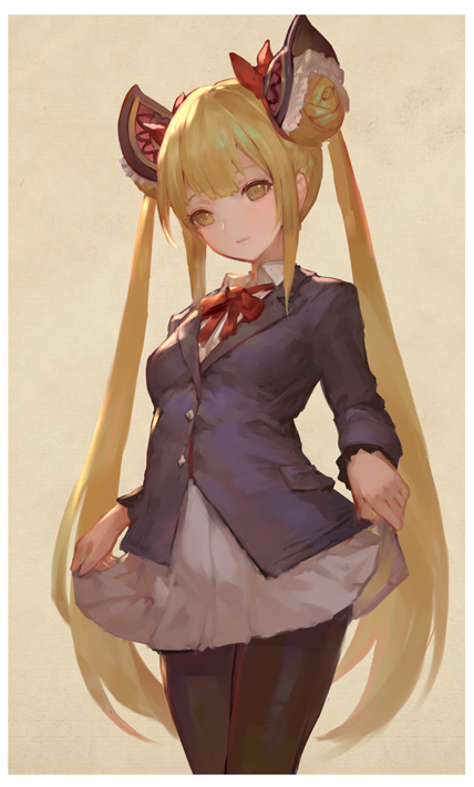 1girl black_legwear blazer blonde_hair bow bowtie closed_mouth collared_shirt double_bun expressionless hair_ribbon head_tilt jacket long_hair luna_(shadowverse) n.a. pantyhose red_bow red_bowtie red_ribbon ribbon school_uniform shadowverse shirt skirt_hold solo twintails very_long_hair white_shirt wing_collar yellow_eyes