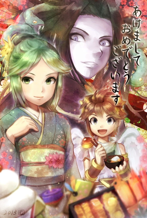 1boy 2013 2girls azumi_(tks-sd) black_hair blue_eyes brown_hair chopsticks green_eyes green_hair japanese_clothes kid_icarus kid_icarus_uprising kimono long_hair looking_at_viewer multiple_girls palutena pit_(kid_icarus) smile snake super_smash_bros. tied_hair translation_request wii_fit wii_fit_trainer