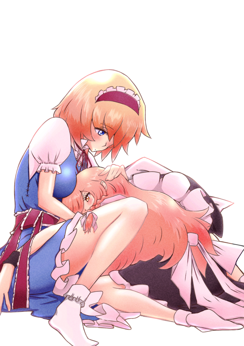 2girls alice_margatroid black_dress blonde_hair blue_dress blue_eyes braid collared_shirt dress hairband hand_on_another's_head hat hat_removed headwear_removed kirisame_marisa long_hair looking_at_another looking_to_the_side lying_on_lap multiple_girls non_(z-art) outstretched_arms puffy_short_sleeves puffy_sleeves shirt short_hair short_sleeves side_braid single_braid sitting socks touhou white_legwear white_shirt witch_hat yellow_eyes