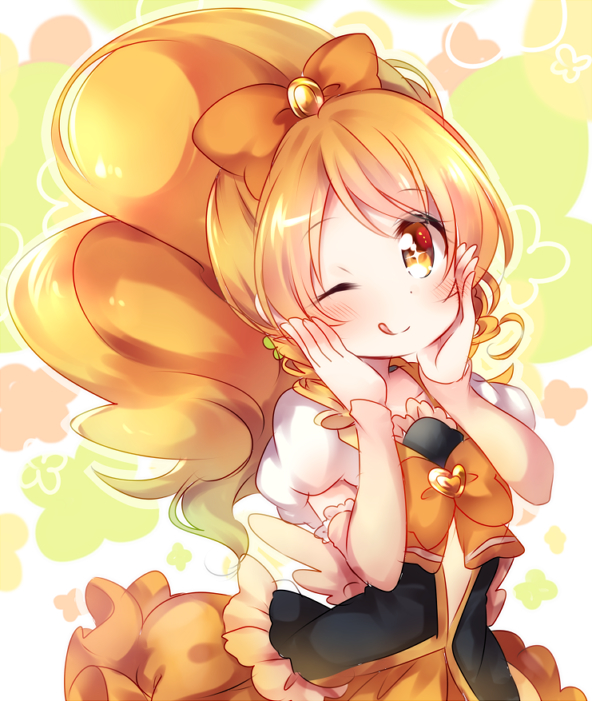 blonde_hair blush cure_honey dress happinesscharge_precure! long_hair magical_girl ponytail smile tongue wink yellow_eyes
