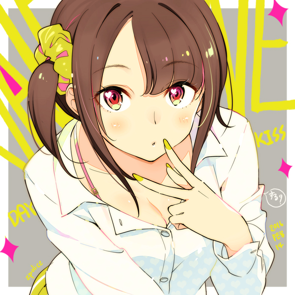 1girl 2016 artist_name bra_strap breasts brown_hair chestnut_mouth cleavage collared_shirt dated dress_shirt eyebrows eyebrows_visible_through_hair hair_ornament hair_scrunchie heart_in_eye leaning_forward long_sleeves looking_at_viewer medium_breasts nail_polish number original parted_lips red_eyes scrunchie shirt side_ponytail solo sparkle white_shirt wing_collar yellow_nails zpolice