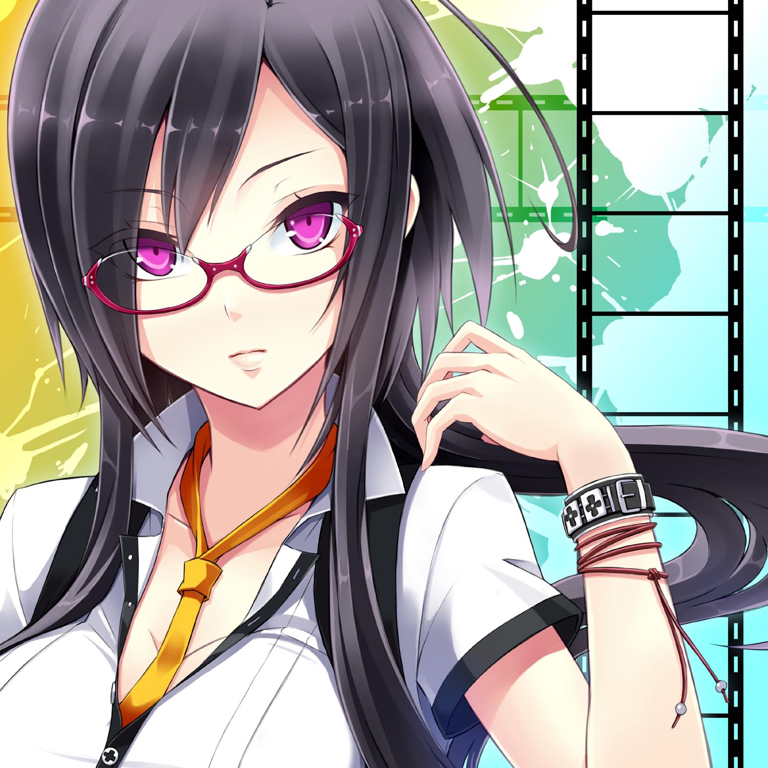 1girl black_hair bracelet breasts female glasses highres jewelry large_breasts original red-framed_glasses solo tel-o violet_eyes