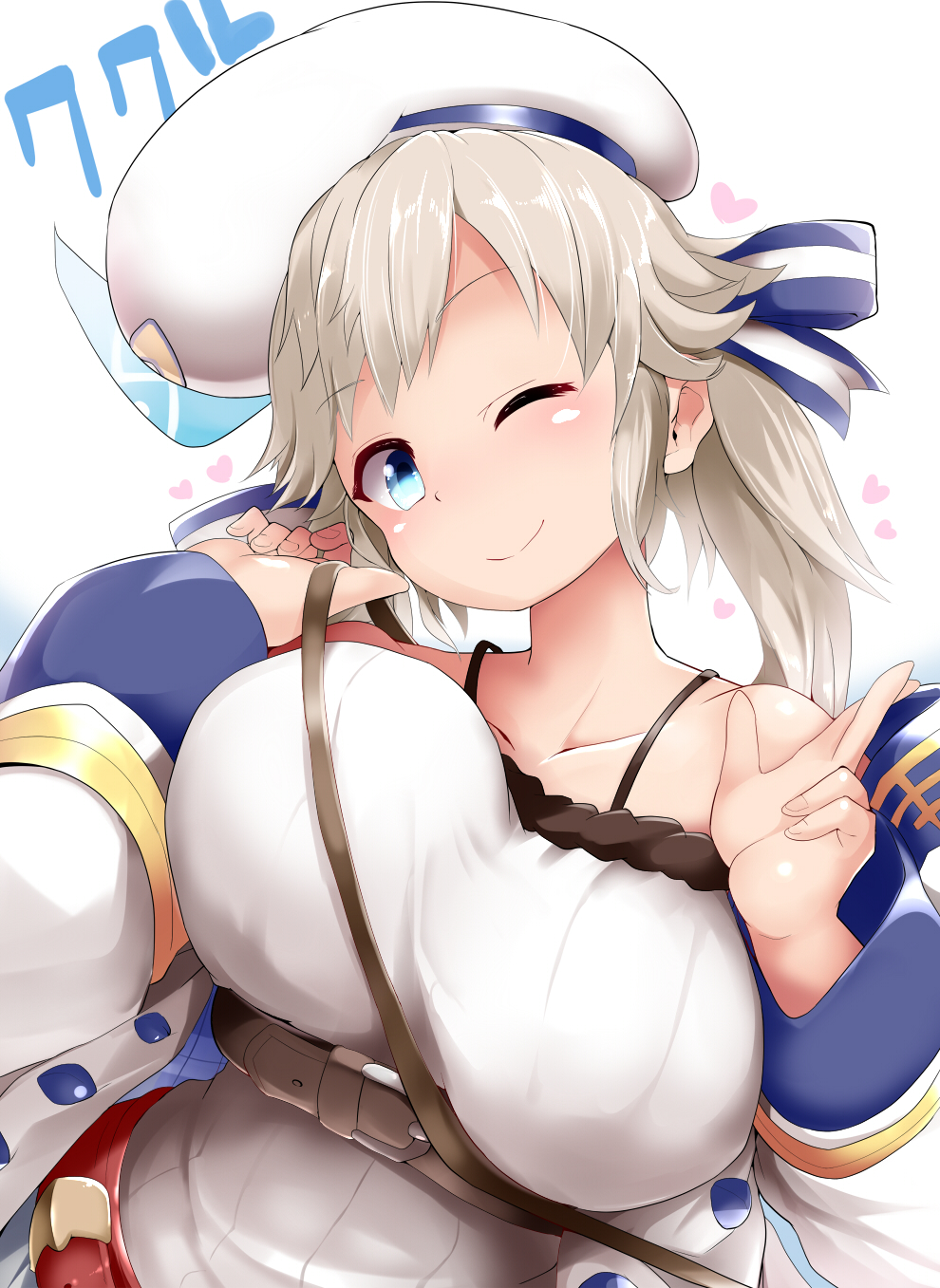 1girl ;) bare_shoulders belt beret blonde_hair blue_eyes blush breasts buckle character_name collarbone commentary_request granblue_fantasy hat head_tilt heart highres kukuru_(granblue_fantasy) large_breasts long_hair looking_at_viewer mizuyan navel nipples one_eye_closed simple_background smile solo strap strap_cleavage white_background