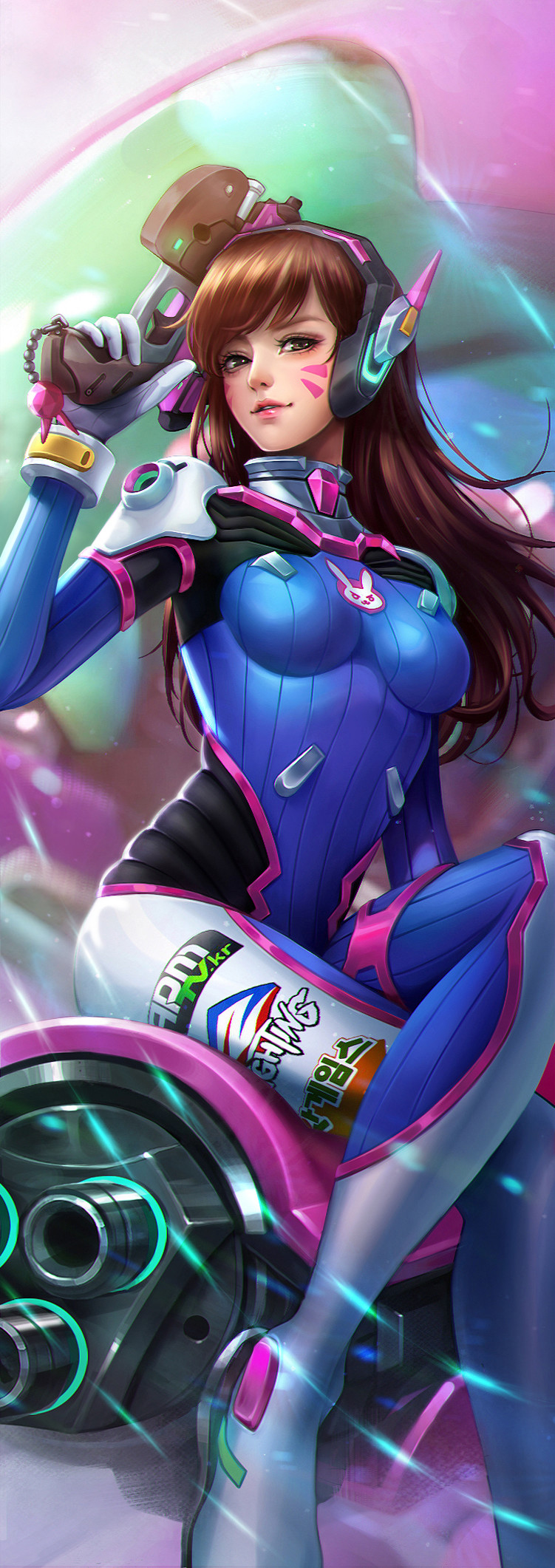 1girl bangs bodysuit breasts brown_hair bunny_print charm_(object) clothes_writing crossed_legs d.va_(overwatch) facepaint facial_mark gun handgun headphones highres holding holding_gun holding_weapon juvia_ho light_smile logo long_hair looking_at_viewer medium_breasts meka_(overwatch) overwatch parted_lips pilot_suit pistol ribbed_bodysuit sitting sitting_on_object skin_tight solo swept_bangs trigger_discipline weapon whisker_markings